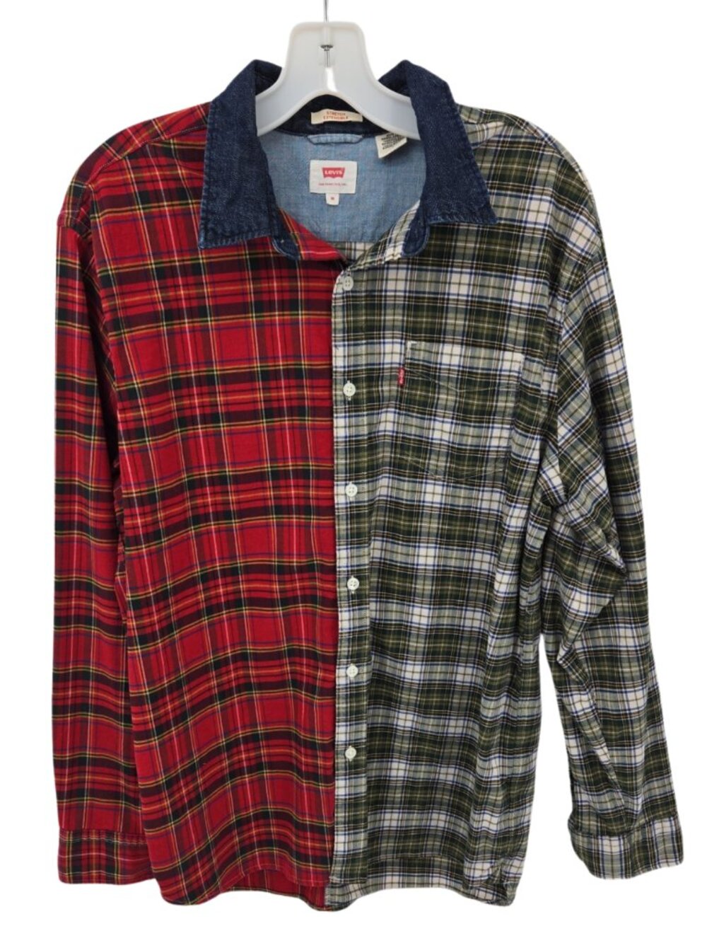 Levi's Mens M Mixed Plaid Colorblock Button Up Shirt Red Green Stretch Cotton